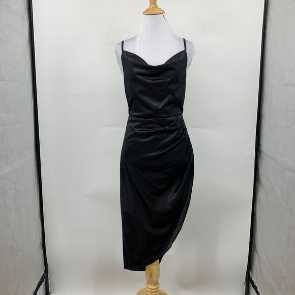 Micas Satin Draped Midi Dress Womens M Medium Black Cowl Neck Sleeveless Stretch - Picture 2 of 13
